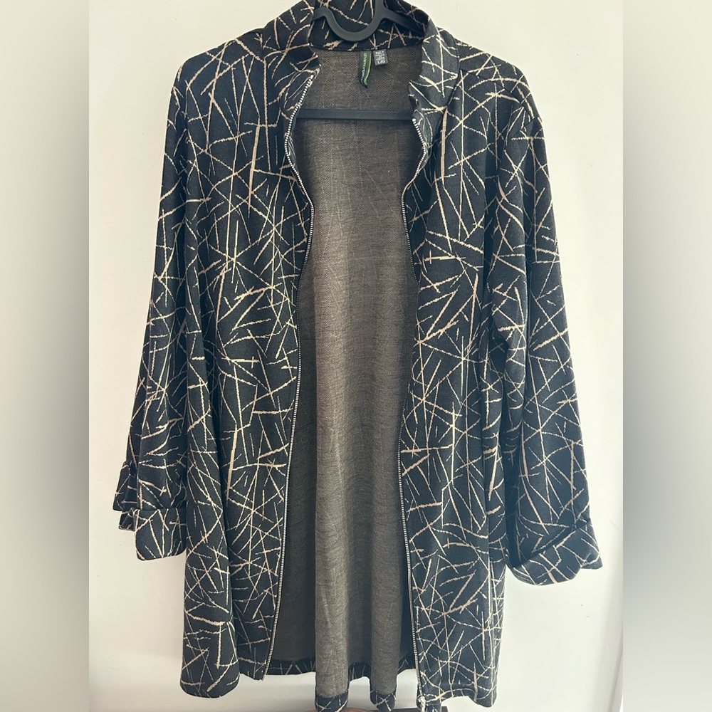 Shannon Passero Black and Brown Geometric Patterned Jacket Sweater Wide Arms L
